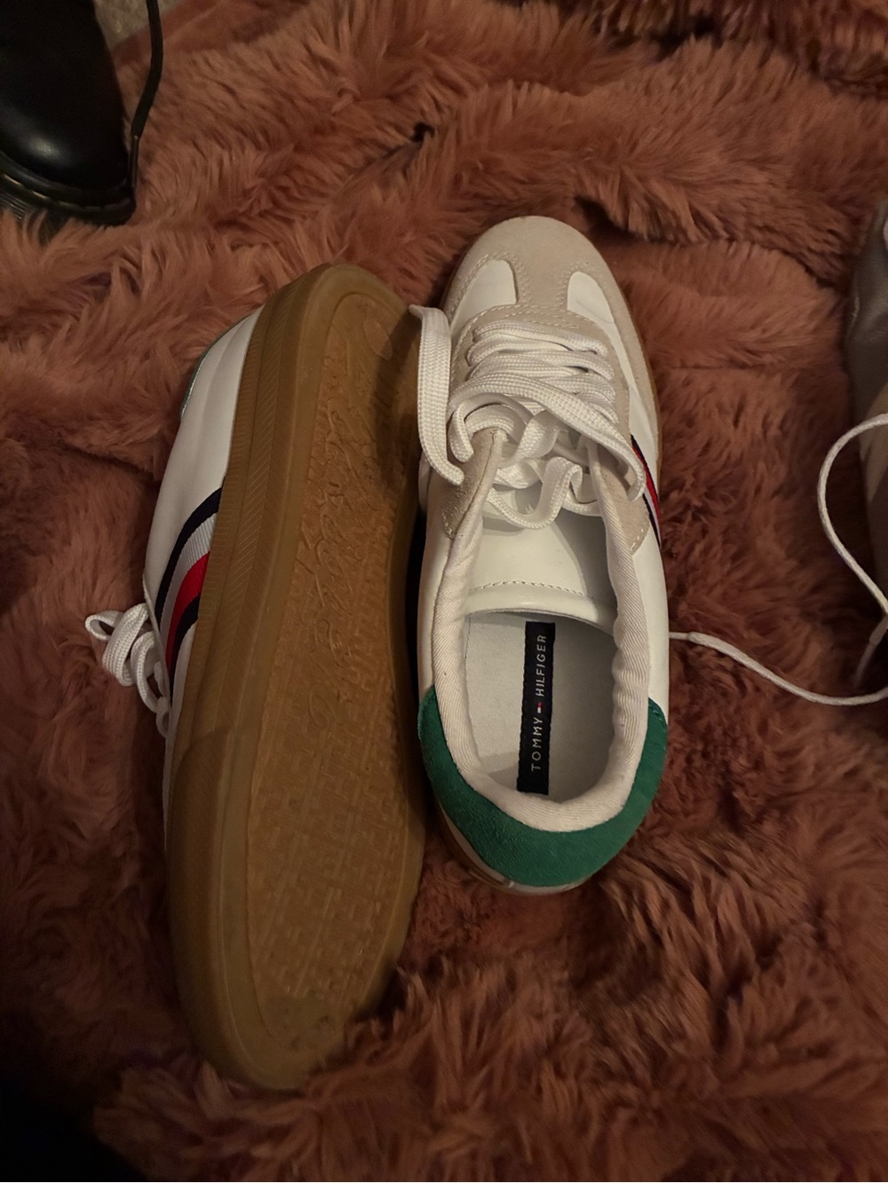 Tommy Hilfiger White Low-Top Sneakers with Green Heel and Red-Navy Stripes